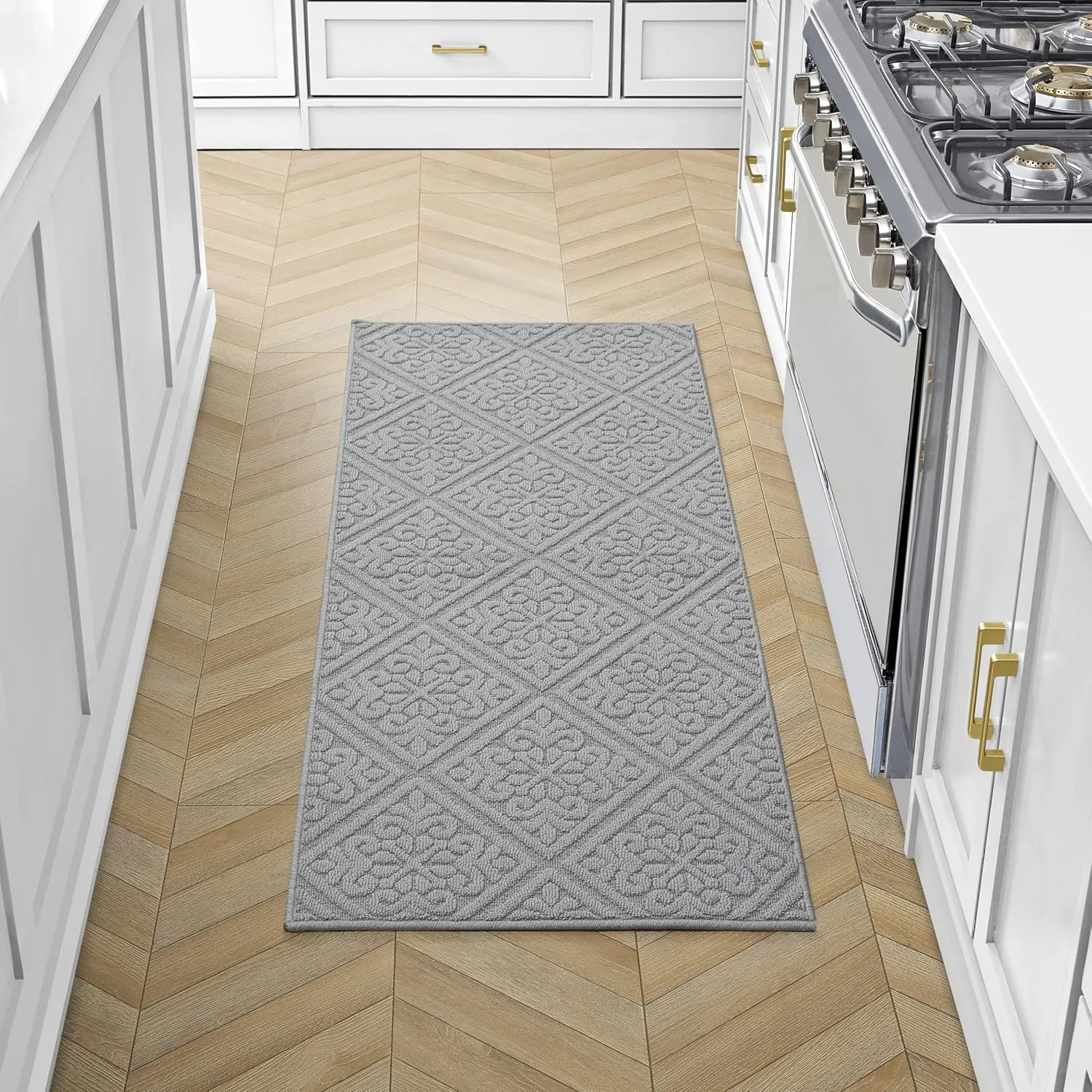 Laura Ashley Hi-Low Tufted 26" x 60" Washable Skid-Resistant Runner Rug - Light Grey Austell Solid
