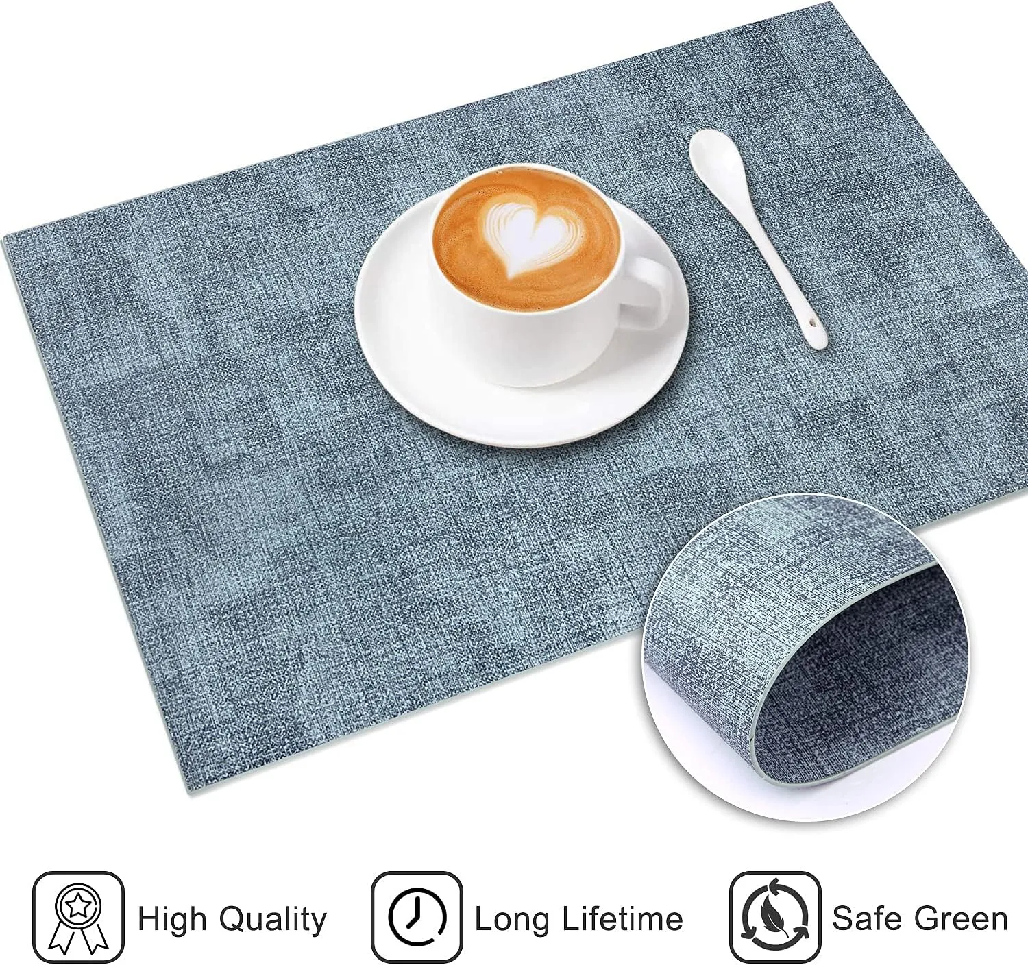 Leather Heat Resistant Placemats Set of 6 Waterproof Wipeable Washable PU Table Mats,Easy to Clean Anti-Slip Place Mats (Blue, 6)