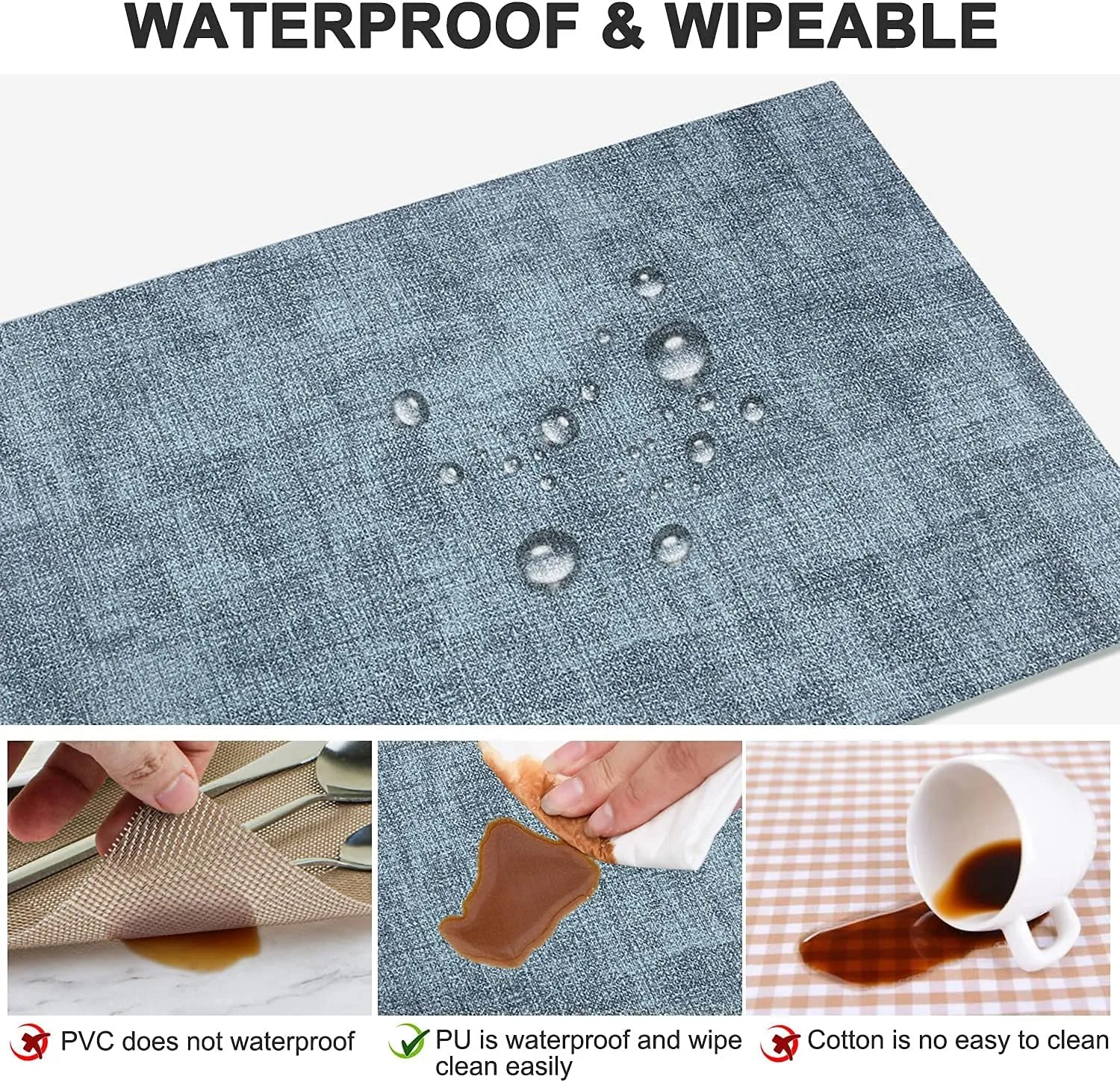 Leather Heat Resistant Placemats Set of 6 Waterproof Wipeable Washable PU Table Mats,Easy to Clean Anti-Slip Place Mats (Blue, 6)