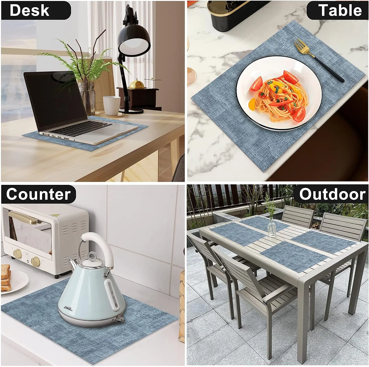 Leather Heat Resistant Placemats Set of 6 Waterproof Wipeable Washable PU Table Mats,Easy to Clean Anti-Slip Place Mats (Blue, 6)