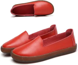 Leather Slip on Loafers for Women Comfortable Round Toe Soft Bottom Driving Work Flat Boat Shoes Breathable Soft Nurse Walking Shoes