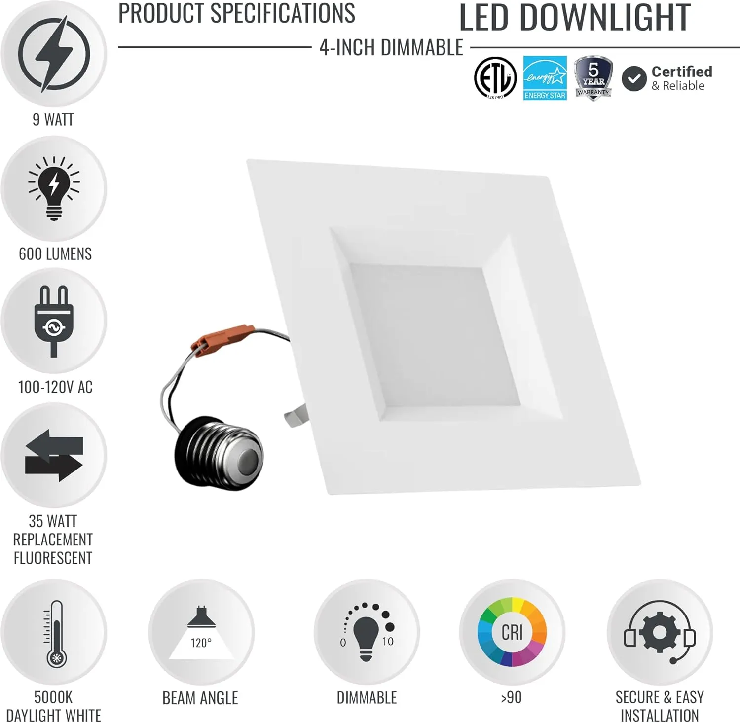 LEDMyplace 4-inch 9W Dimmable LED Square Recessed Downlights, Pack of 12, 5000K Daylight White, 600 Lumens, Replacement of 35W, High CRI>90, Can Lights for Ceiling, Indoor Lighting for Home, Office