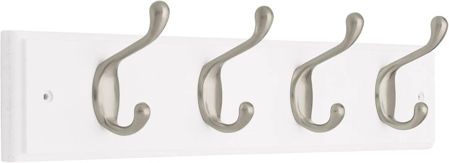 Liberty 129849 18-Inch Coat and Hat Hook Rail/Rack with 4 Heavy Duty Hooks, White and Satin Nickel