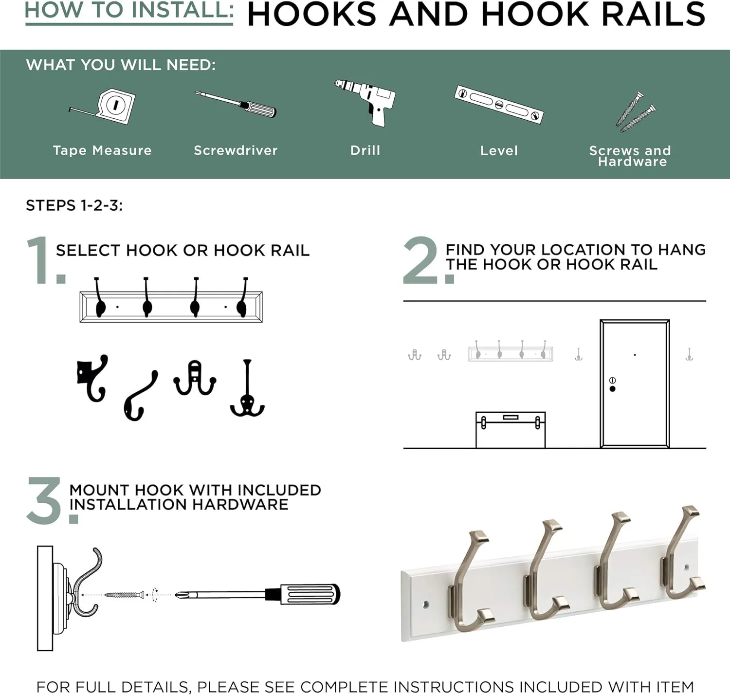 Liberty 129849 18-Inch Coat and Hat Hook Rail/Rack with 4 Heavy Duty Hooks, White and Satin Nickel