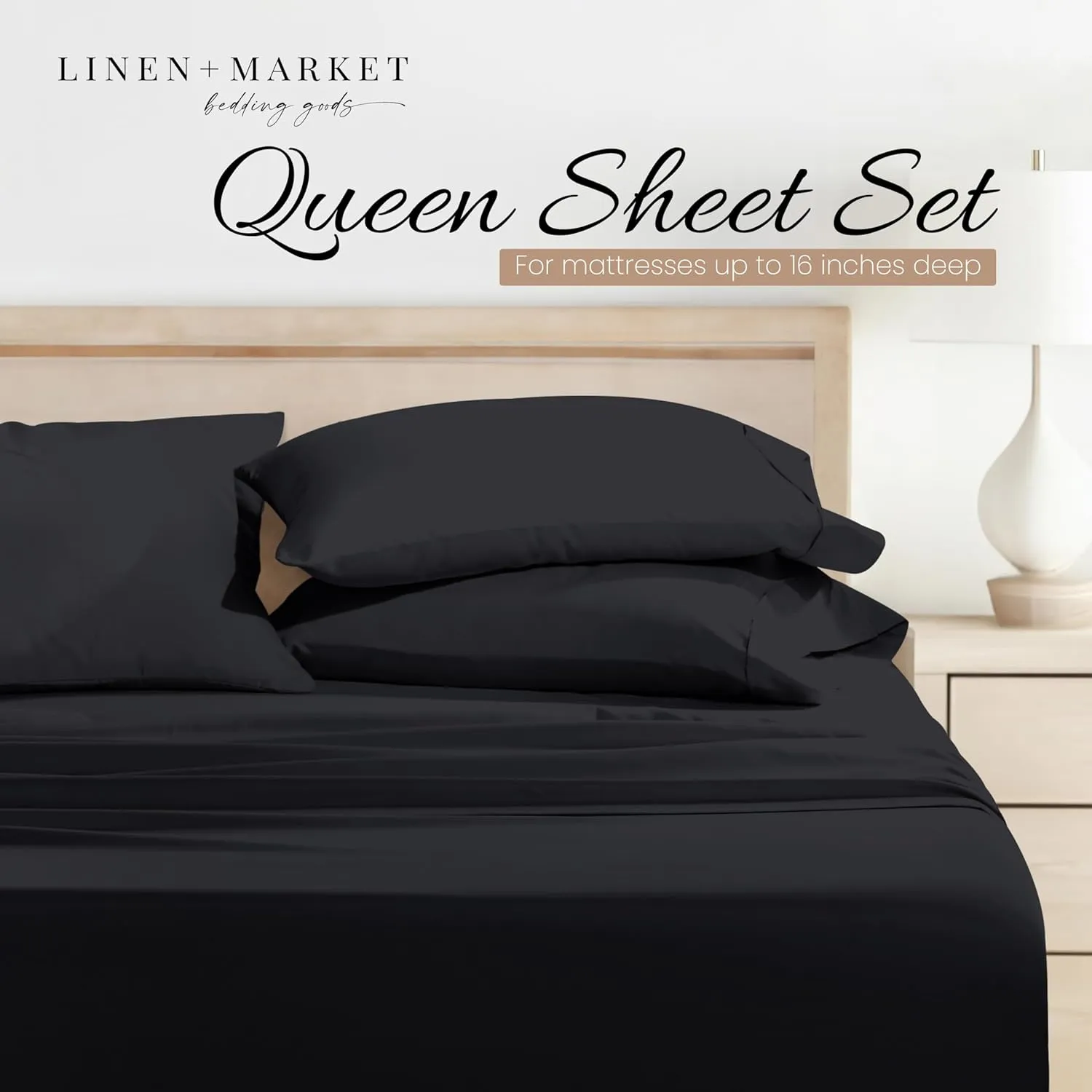 Linen Market Double-Brushed Microfiber Queen Sheet Set 4 Piece – Oeko-TEX Certified Ultra Soft & Wrinkle-Free - 16" Deep Pocket Sheets - Easy Care Queen Size - Black