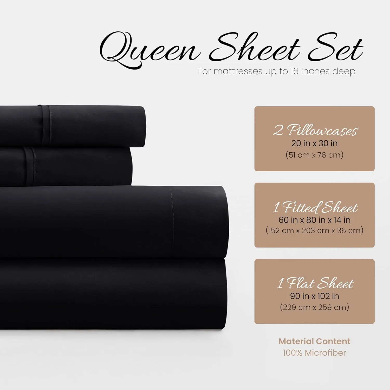 Linen Market Double-Brushed Microfiber Queen Sheet Set 4 Piece – Oeko-TEX Certified Ultra Soft & Wrinkle-Free - 16" Deep Pocket Sheets - Easy Care Queen Size - Black