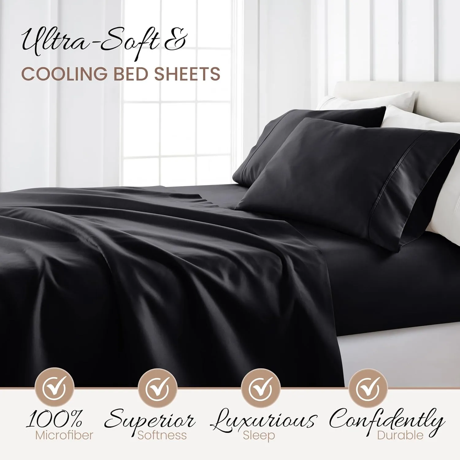 Linen Market Double-Brushed Microfiber Queen Sheet Set 4 Piece – Oeko-TEX Certified Ultra Soft & Wrinkle-Free - 16" Deep Pocket Sheets - Easy Care Queen Size - Black