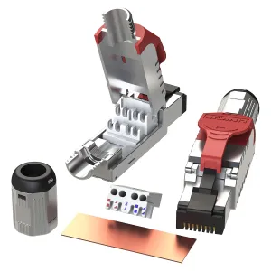 LINKUP - RJ45 Connectors Cat6A (12 Pack) Shielded Zinc-Alloy Housing Modular Termination Plug | 10G Easy Internet Tool Free Plugs | for Cat6A up to 22AWG Solid Bulk S/FTP Ethernet Cable [Red]