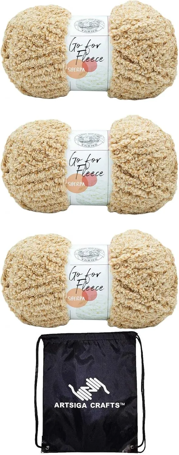 Lion Brand Go for Fleece Sherpa Honey 937-158 (3-Skeins - Same Dye Lot) Jumbo #7 Polyester Yarn for Crocheting and Knitting with Project Bag