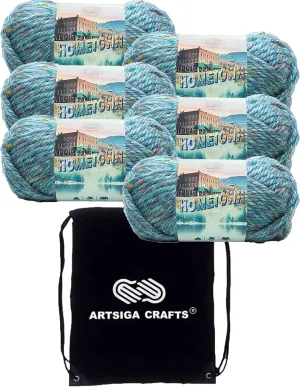 Lion Brand Hometown Key Largo Tweed 135-308 (6-Skeins - Same Dye Lot) #6 S Bulky Acrylic Yarn for Crocheting and Knitting with Project Bag