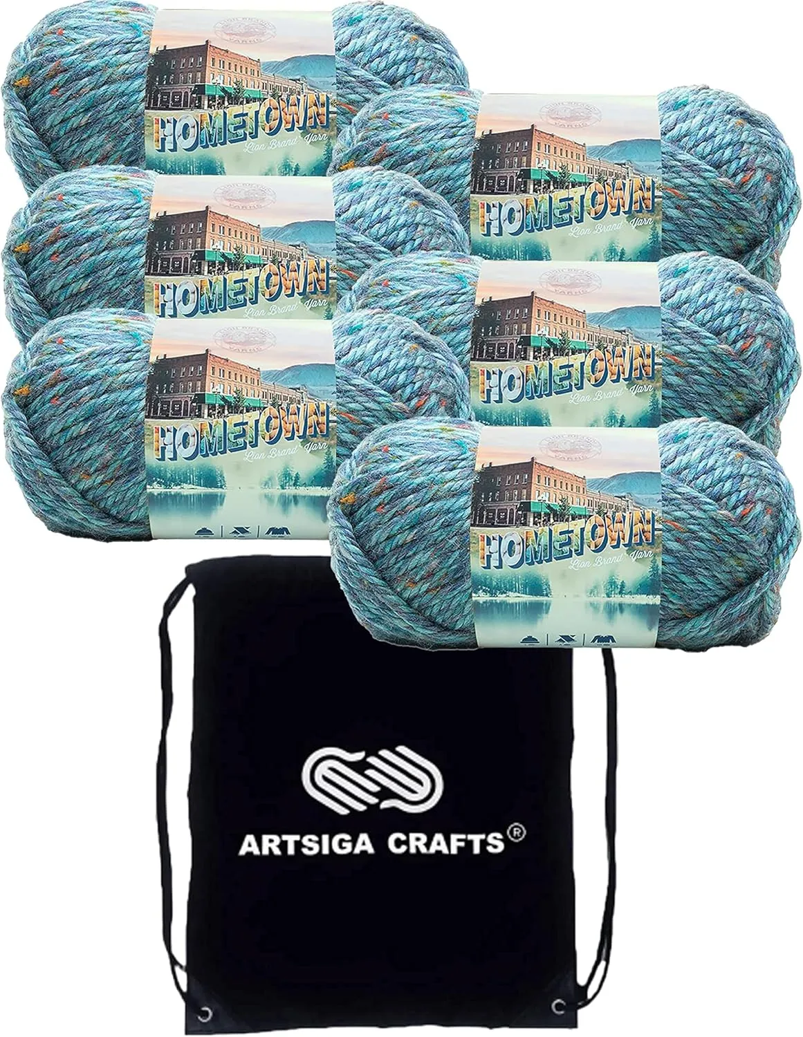 Lion Brand Hometown Key Largo Tweed 135-308 (6-Skeins - Same Dye Lot) #6 S Bulky Acrylic Yarn for Crocheting and Knitting with Project Bag