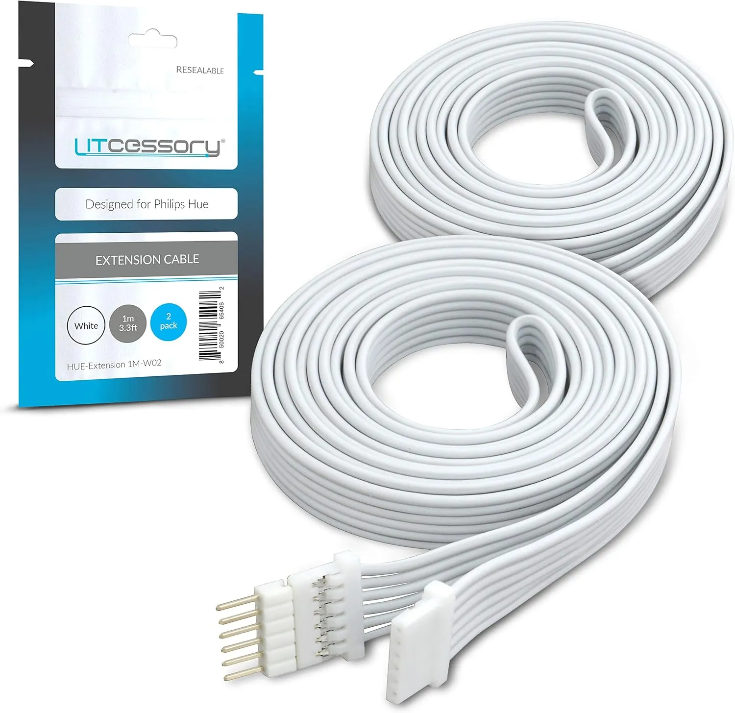 Litcessory Extension Cable for Philips Hue/Solo Lightstrip (3.3ft, 2 Pack, White - Micro 6-PIN V4 / Solo Lightstrip)