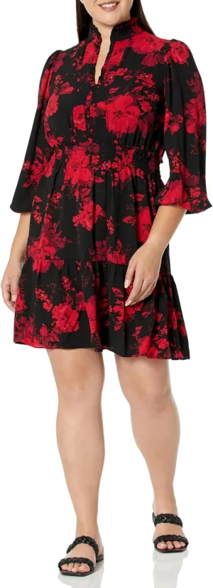 London Times Women's Dress Easy Feminine Versatile Smocked Waist Ruffle Neckline