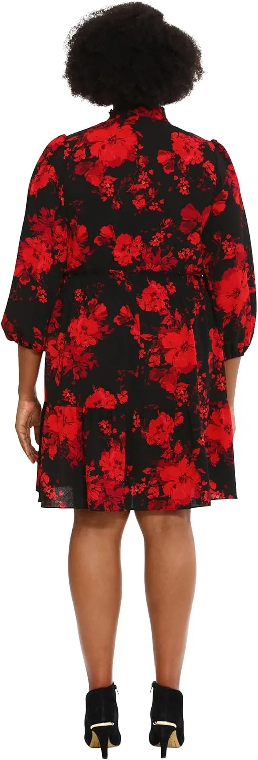 London Times Women's Dress Easy Feminine Versatile Smocked Waist Ruffle Neckline