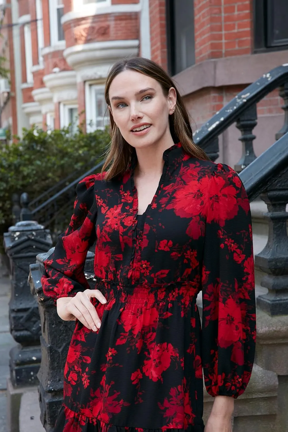 London Times Women's Dress Easy Feminine Versatile Smocked Waist Ruffle Neckline