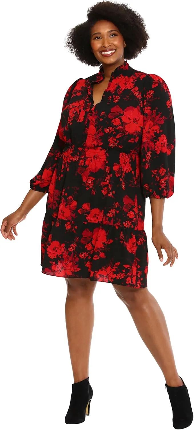 London Times Women's Dress Easy Feminine Versatile Smocked Waist Ruffle Neckline