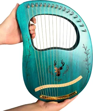 Lyre Harp, 16 Metal Strings,Whole Mahogany Body Made Without Splices, Easy to Carry Instrument, With Spare Strings, Bag，Picks, Tuning Lever, Music Manual(Blue)