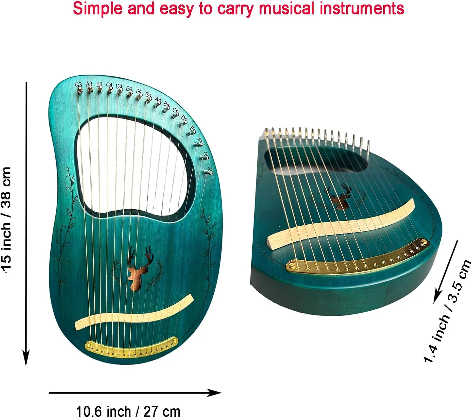 Lyre Harp, 16 Metal Strings,Whole Mahogany Body Made Without Splices, Easy to Carry Instrument, With Spare Strings, Bag，Picks, Tuning Lever, Music Manual(Blue)