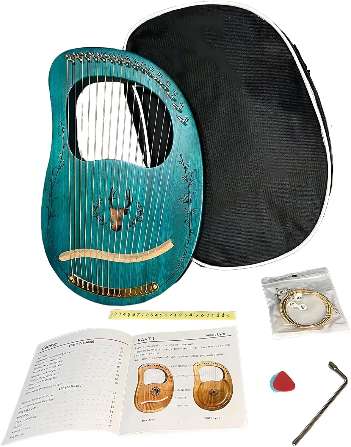Lyre Harp, 16 Metal Strings,Whole Mahogany Body Made Without Splices, Easy to Carry Instrument, With Spare Strings, Bag，Picks, Tuning Lever, Music Manual(Blue)