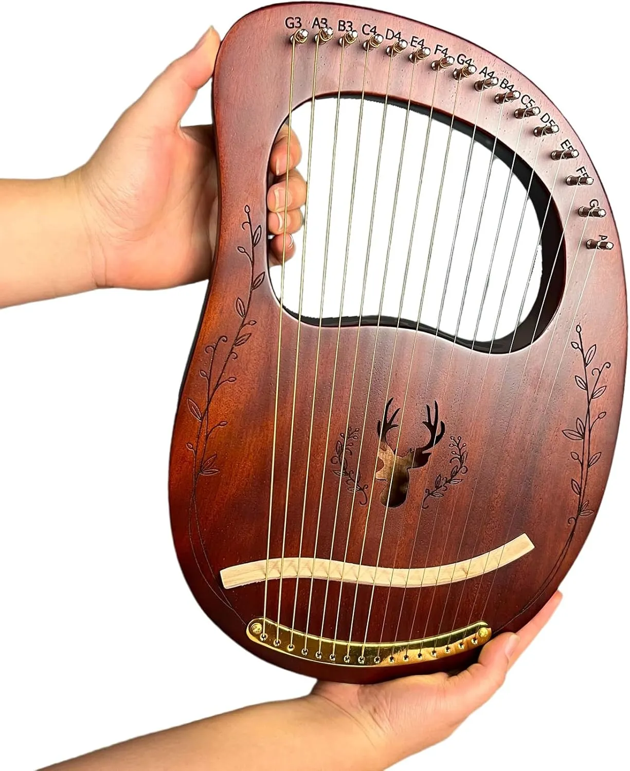Lyre Harp, 16 Metal Strings,Whole Mahogany Body Made Without Splices, Easy to Carry Instrument, With Spare Strings, Bag，Picks, Tuning Lever, Music Manual(Coffee color)