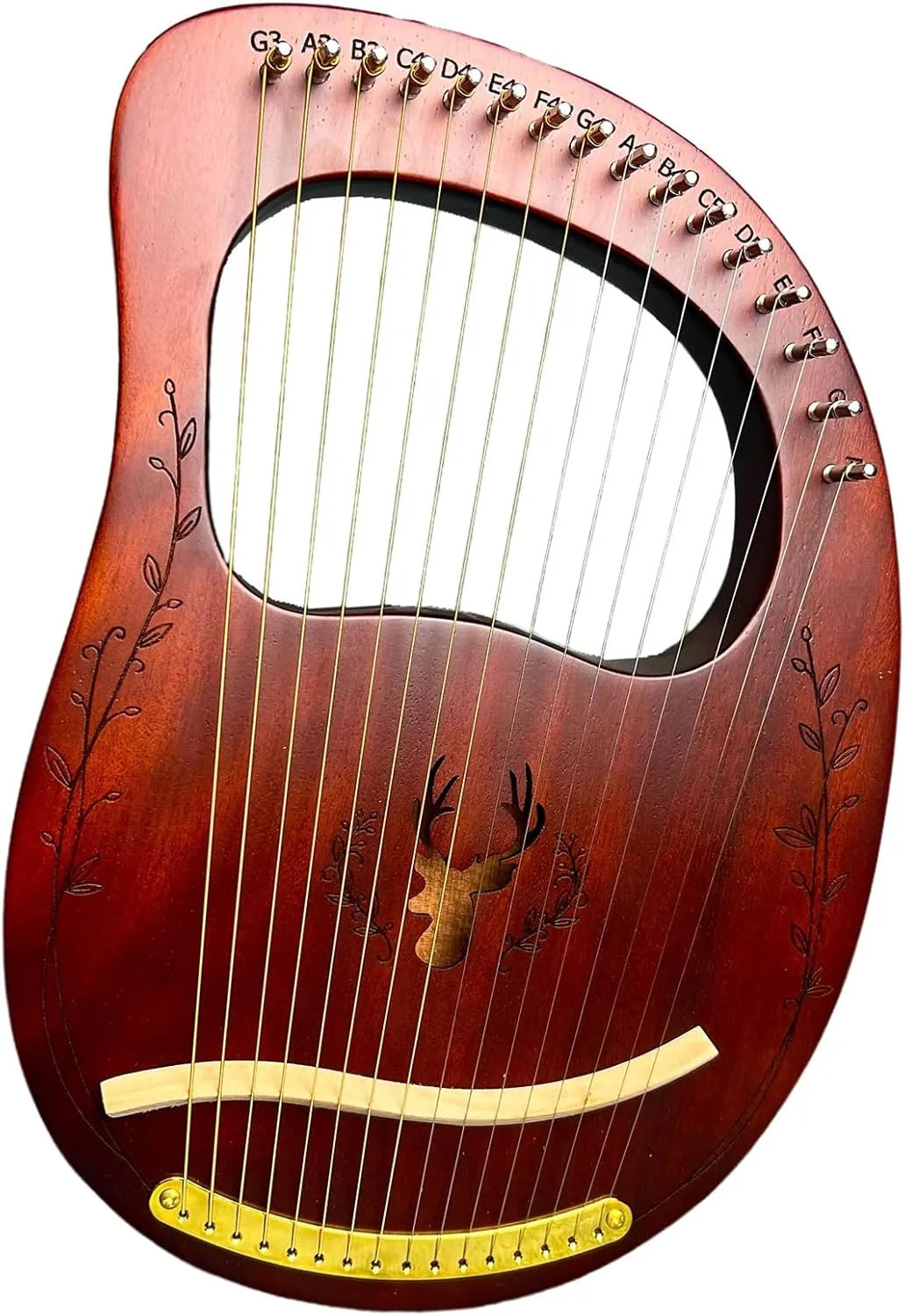 Lyre Harp, 16 Metal Strings,Whole Mahogany Body Made Without Splices, Easy to Carry Instrument, With Spare Strings, Bag，Picks, Tuning Lever, Music Manual(Coffee color)