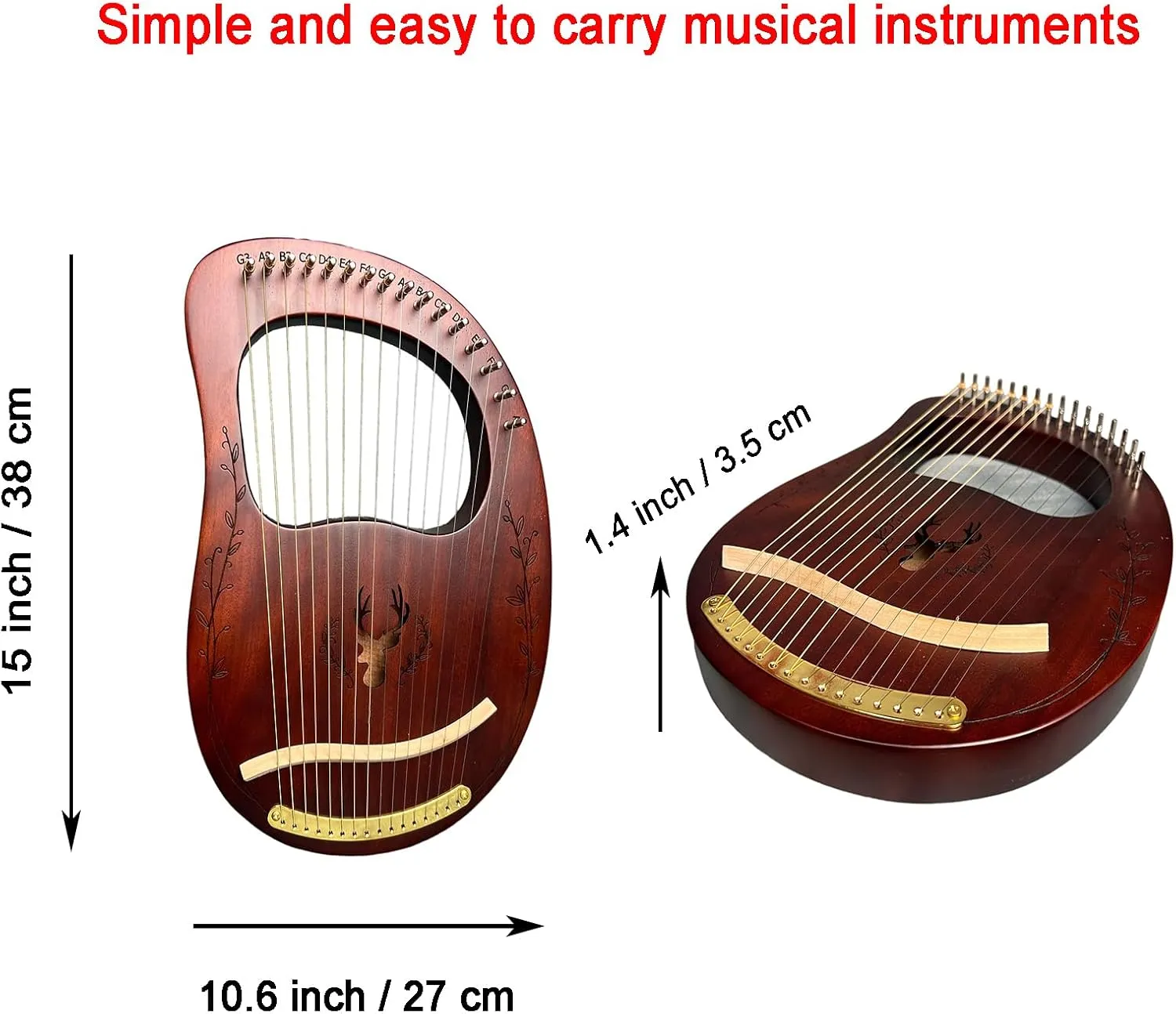 Lyre Harp, 16 Metal Strings,Whole Mahogany Body Made Without Splices, Easy to Carry Instrument, With Spare Strings, Bag，Picks, Tuning Lever, Music Manual(Coffee color)