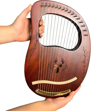 Lyre Harp, 16 Metal Strings,Whole Mahogany Body Made Without Splices, Easy to Carry Instrument, With Spare Strings, Bag，Picks, Tuning Lever, Music Manual(Coffee color)