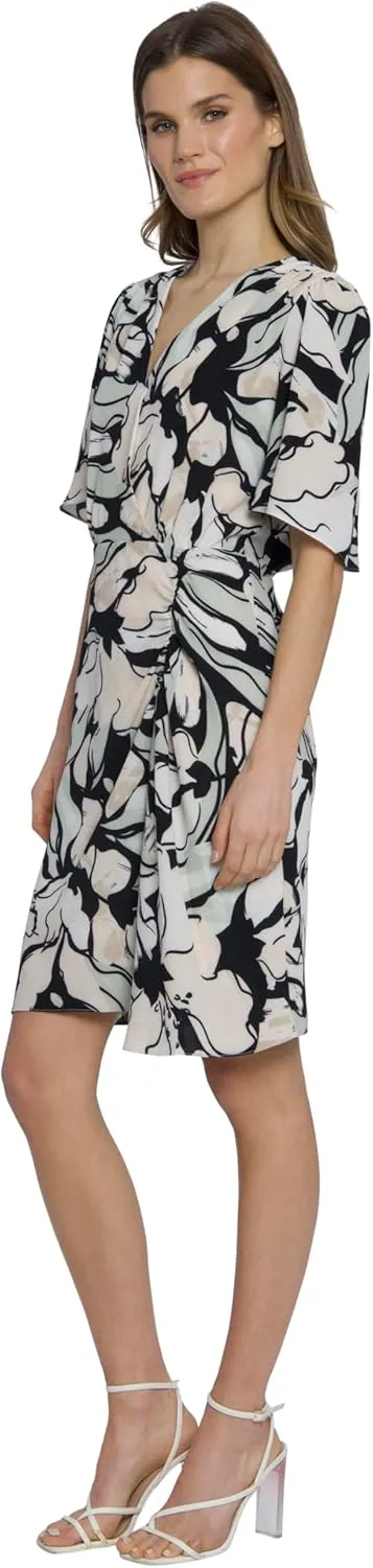 Maggy London Women's Floral Printed Surplus Bodice Flutter Sleeve Dress with Ruched Side Front Skirt