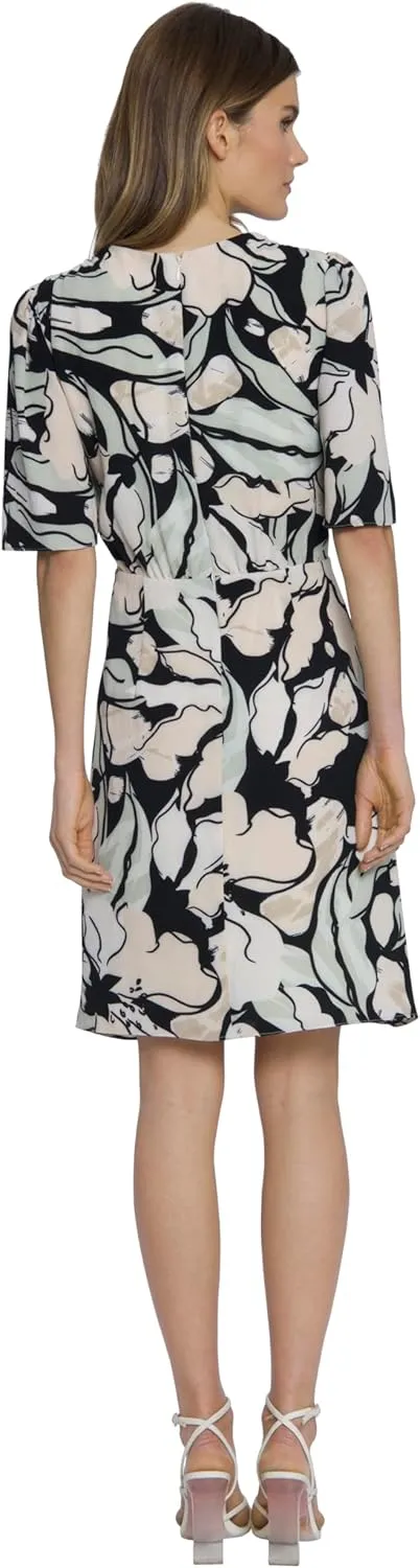 Maggy London Women's Floral Printed Surplus Bodice Flutter Sleeve Dress with Ruched Side Front Skirt
