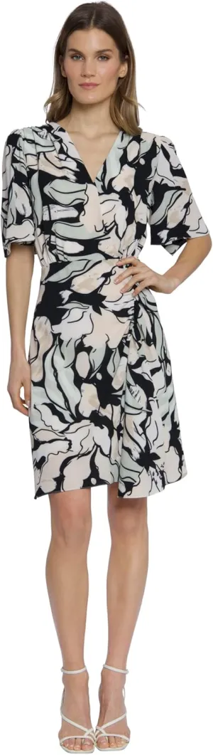 Maggy London Women's Floral Printed Surplus Bodice Flutter Sleeve Dress with Ruched Side Front Skirt