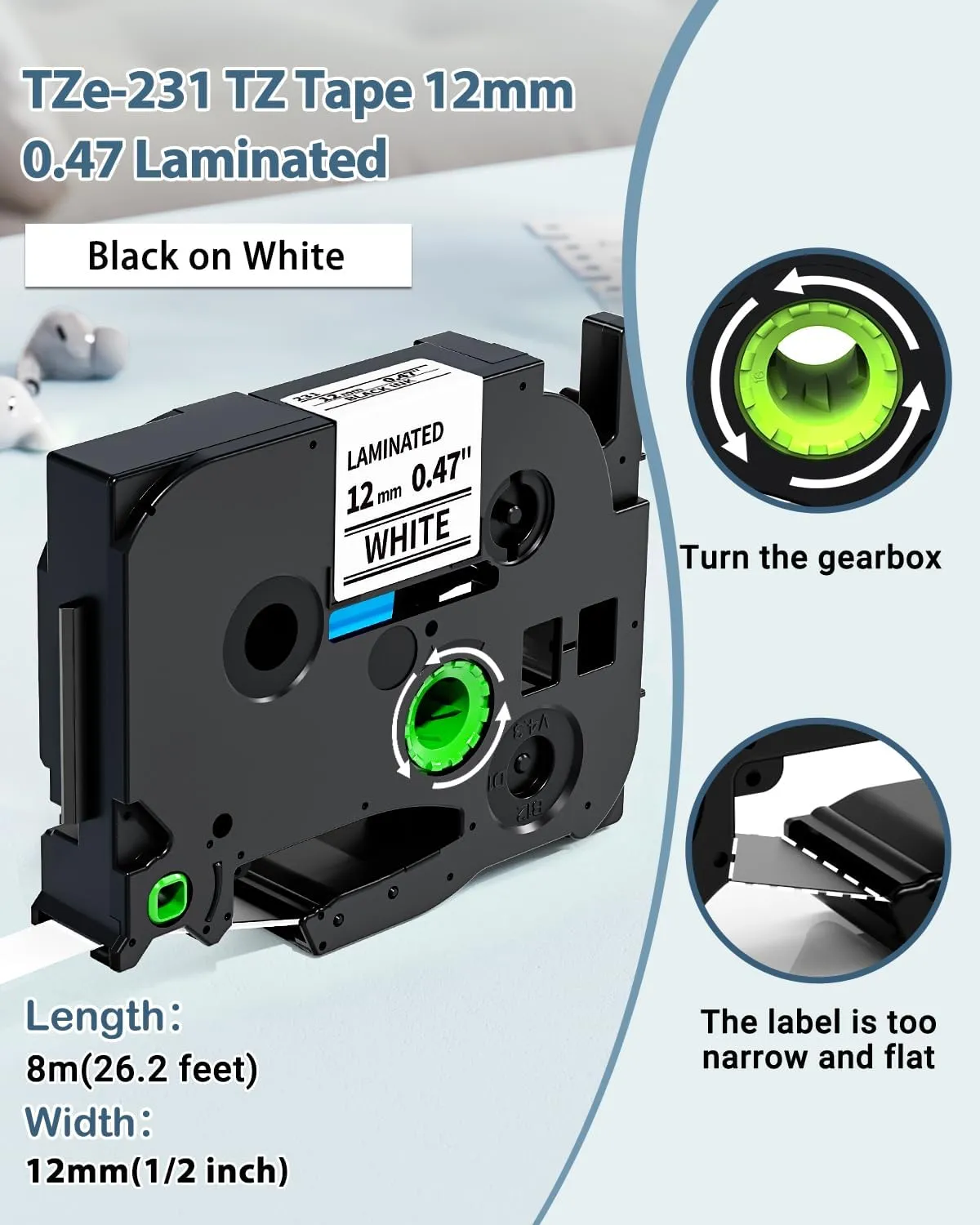 MarkDomain TZe Tz Tape 12mm 0.47 Laminated White Compatible with Brother P-Tcouch Label Maker PT-D210 PT-H110 PT-D220 PT-1880 1180 2030, TZe-231 Black Ink on White 1/2" TZe Tz Tape Refills, 5 PK