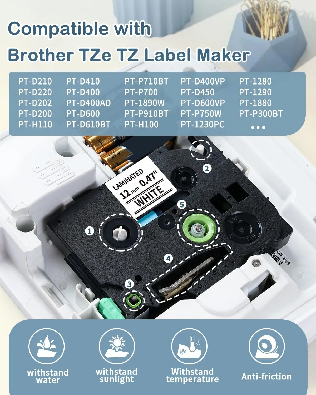 MarkDomain TZe Tz Tape 12mm 0.47 Laminated White Compatible with Brother P-Tcouch Label Maker PT-D210 PT-H110 PT-D220 PT-1880 1180 2030, TZe-231 Black Ink on White 1/2" TZe Tz Tape Refills, 5 PK