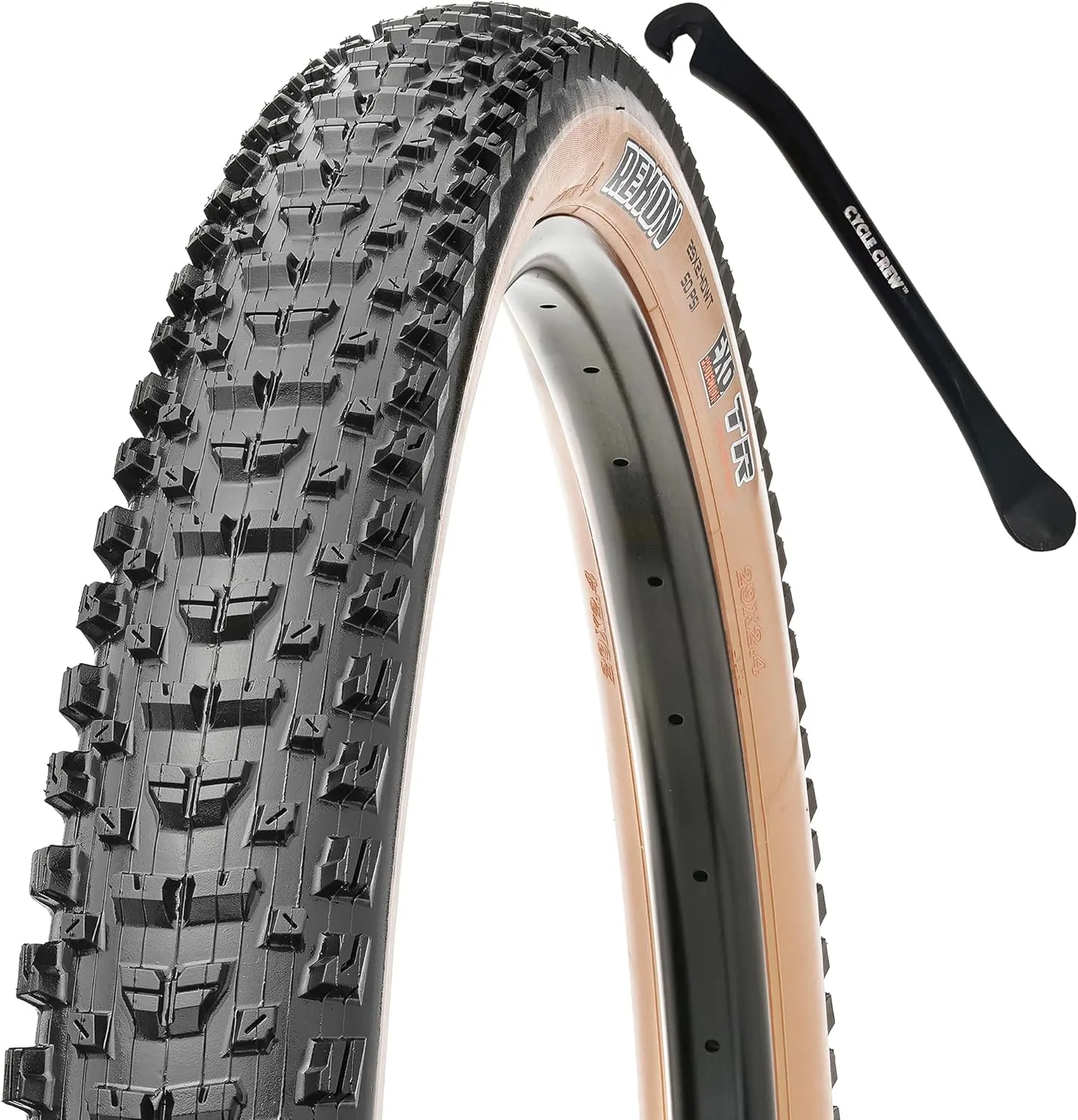 MAXXIS Rekon Mountain Bike Tire - Tan Sidewall - 27.5" & 29" - Bundle with Cycle Crew Tire Lever