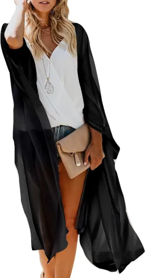 MayBuy Women's Summer Long Flowy Kimono Cardigans Boho Chiffon Beach Cover Up Tops