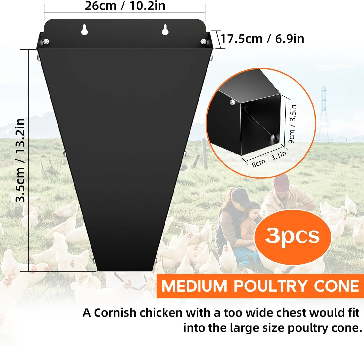 Medium Size Chicken Cone, 3 Packs Heavy Duty Metal Poultry Restraining Cone with Flat Back Design, Chicken Processing Equipment for Broilers, Laying Hens and Turkeys up to 10 lbs (3 Pack- Medium Size)