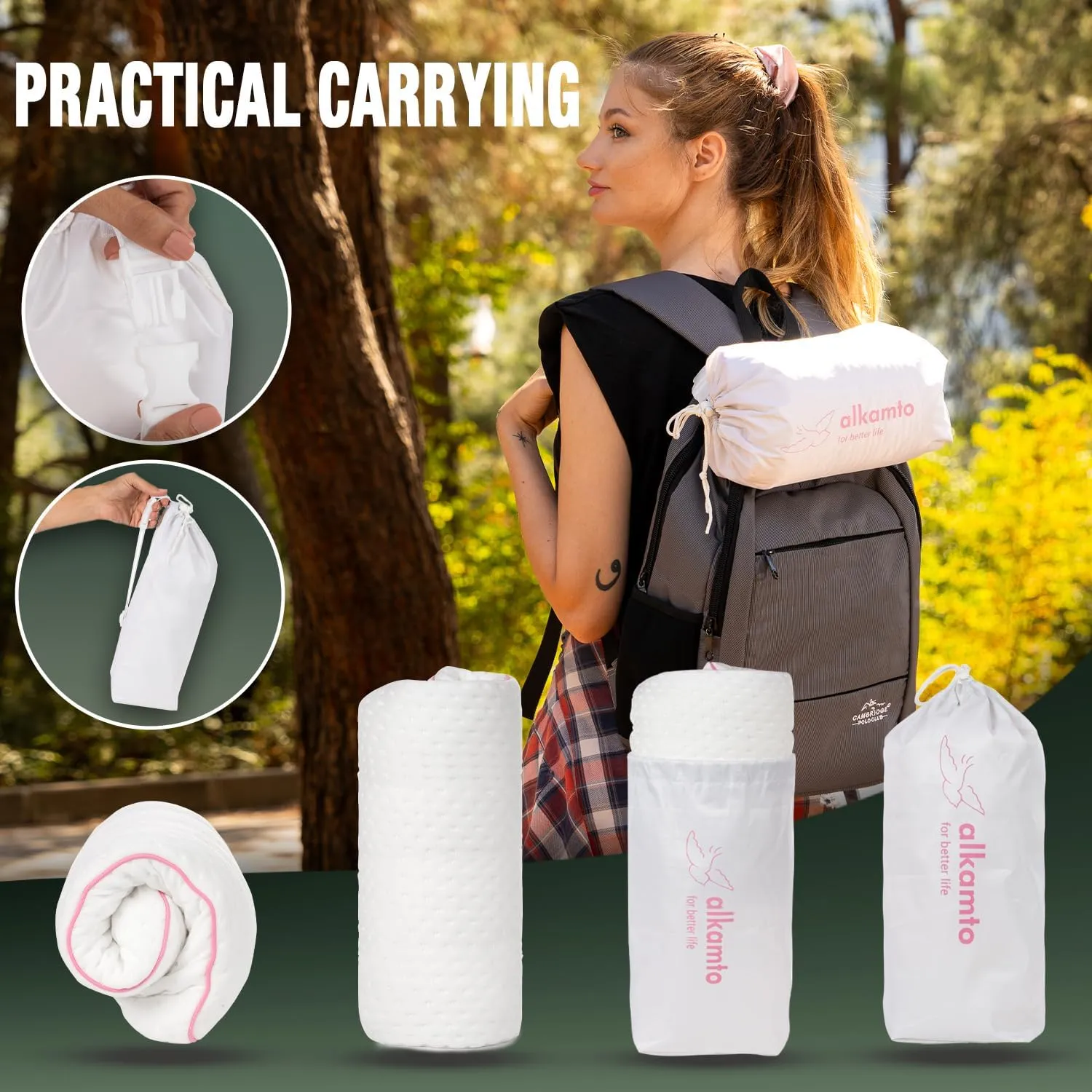 Memory Foam Pillow for Travel and Camping with Extra Cotton Cover – Easy to Carry Portable Bag (Pink)