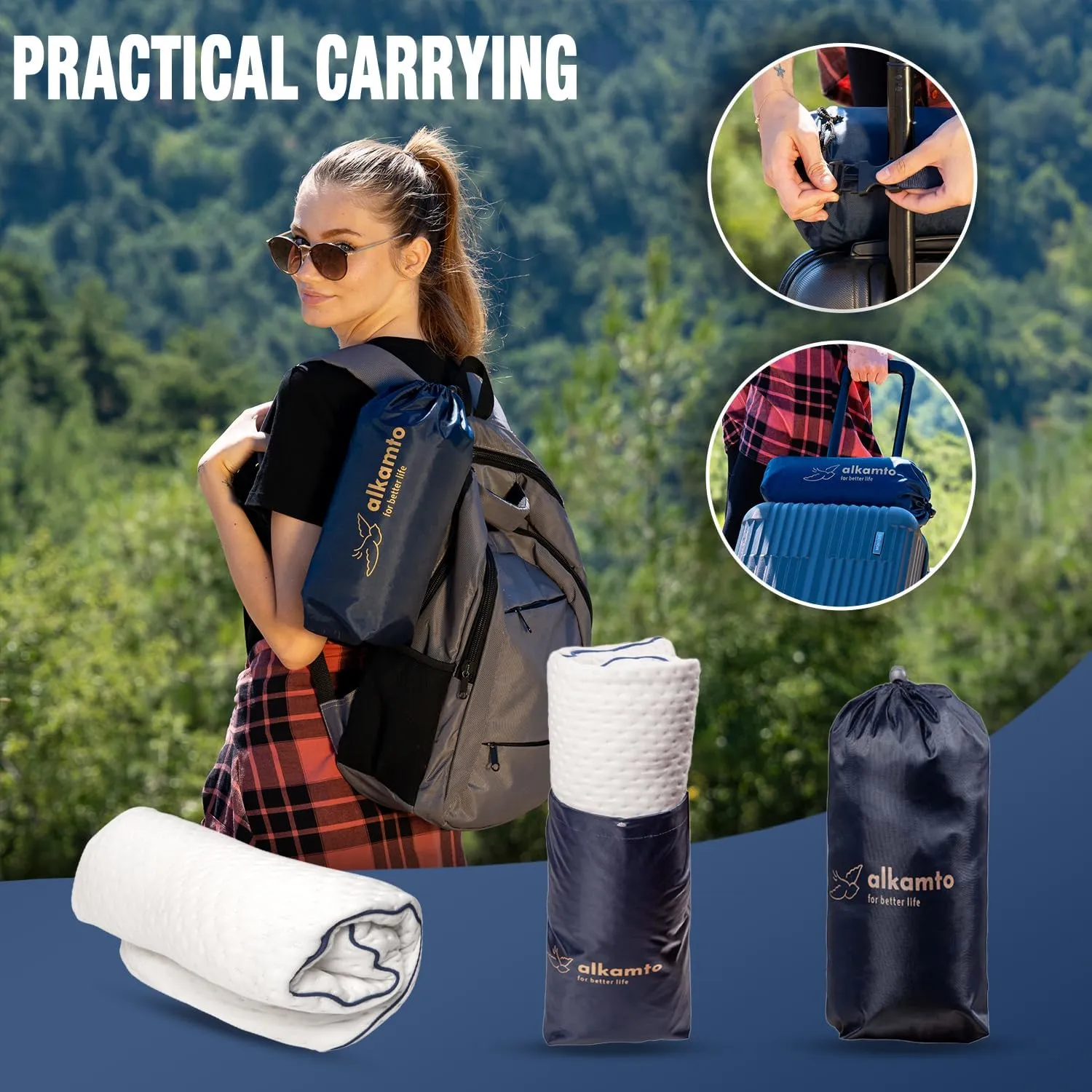 Memory Foam Pillow for Travel and Camping with Extra Cotton Cover – Easy to Carry Portable Bag (White)