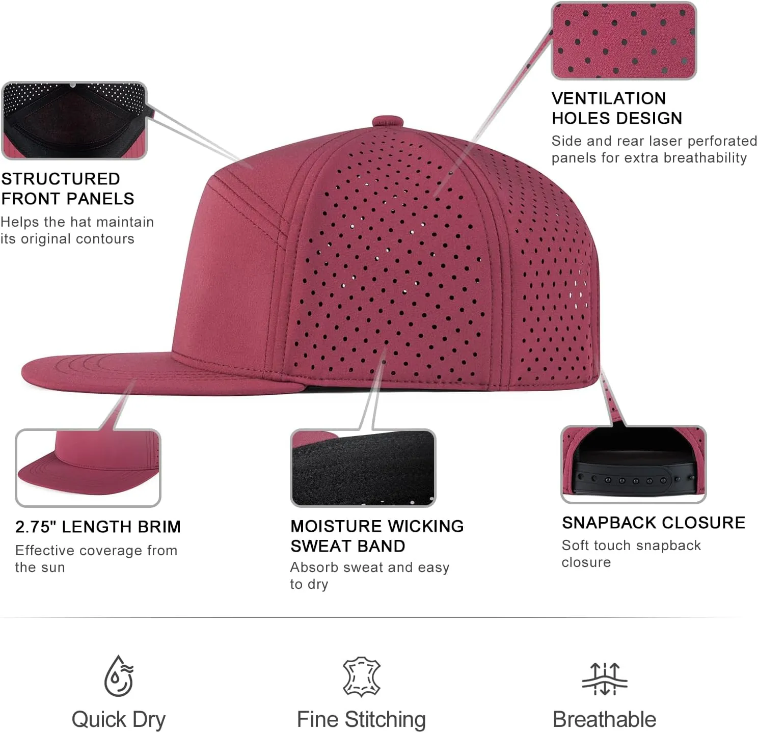 Men Flat Brim Adjustable Performance Hat Snapback Laser Perforated Baseball Cap