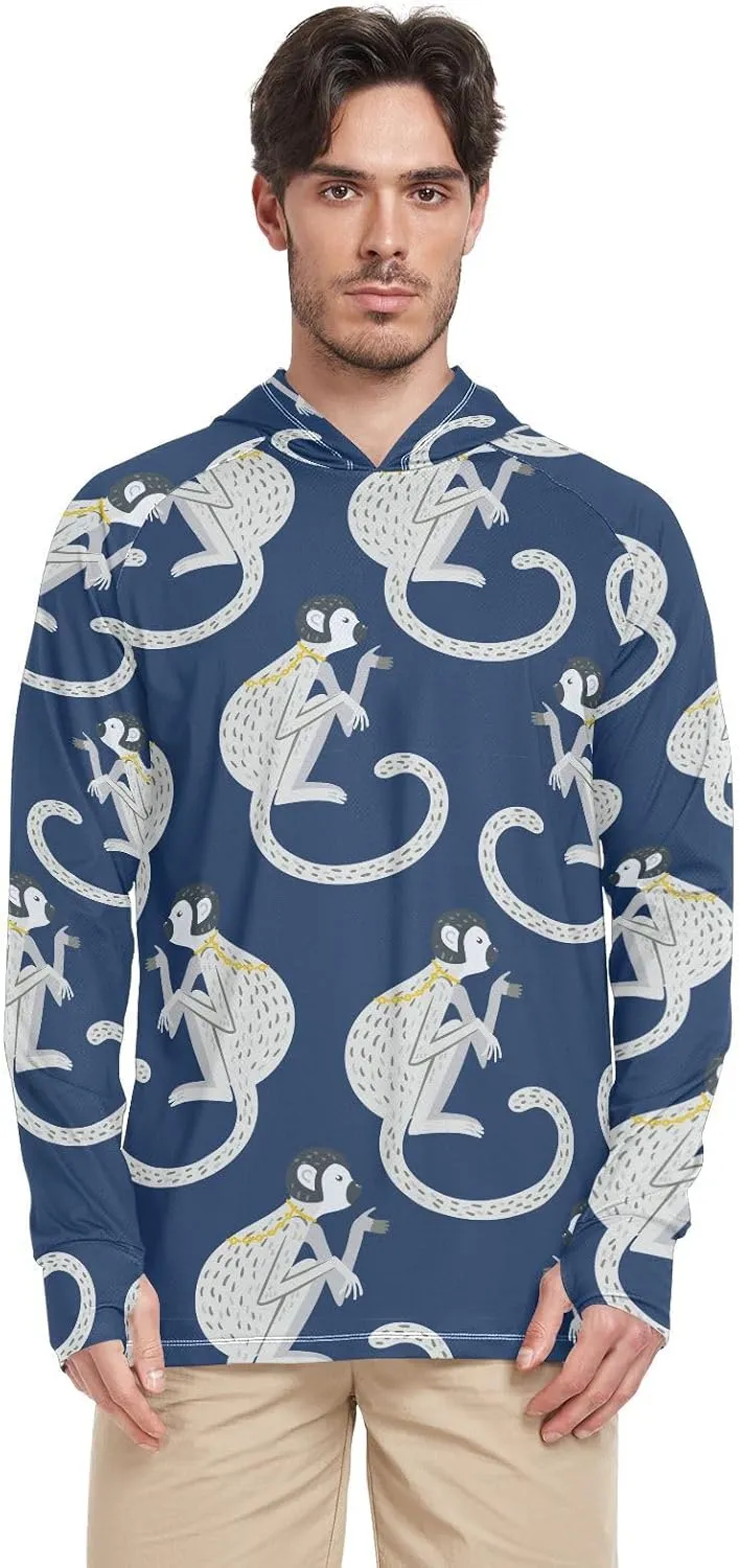 Men Sun Protection Hoodies Long Sleeve Monkey in Navy Blue UPF 50   Sun Shirt with Hood Sun Hoodies Rash Guard Shirts