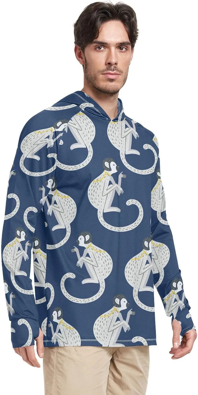Men Sun Protection Hoodies Long Sleeve Monkey in Navy Blue UPF 50   Sun Shirt with Hood Sun Hoodies Rash Guard Shirts