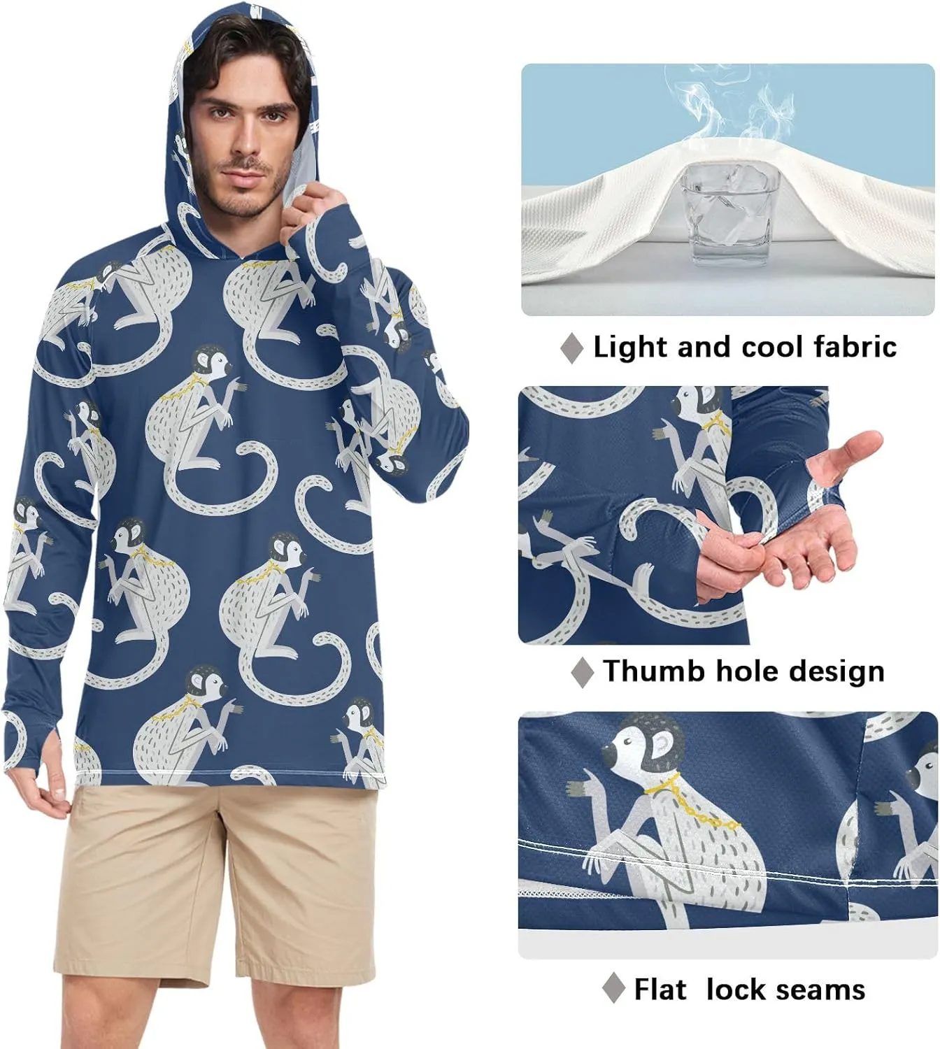 Men Sun Protection Hoodies Long Sleeve Monkey in Navy Blue UPF 50   Sun Shirt with Hood Sun Hoodies Rash Guard Shirts
