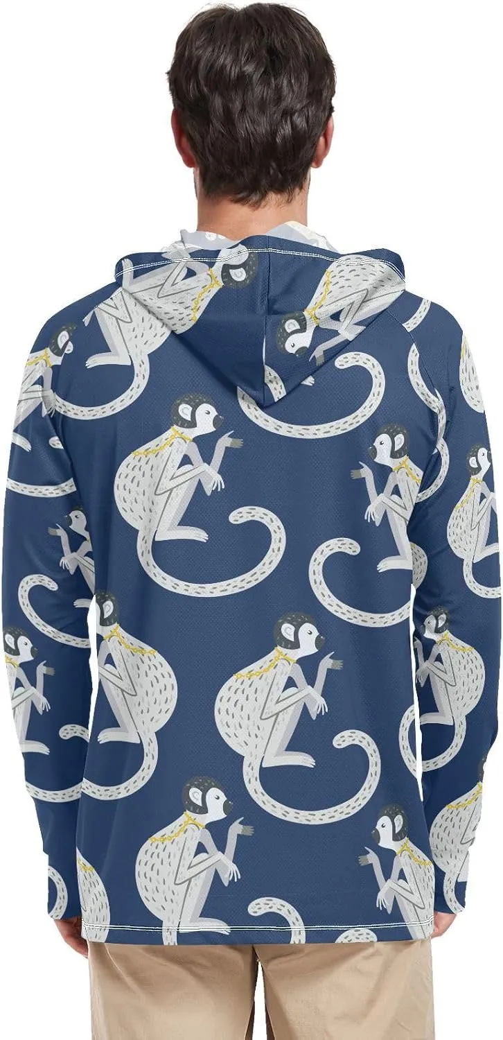 Men Sun Protection Hoodies Long Sleeve Monkey in Navy Blue UPF 50   Sun Shirt with Hood Sun Hoodies Rash Guard Shirts