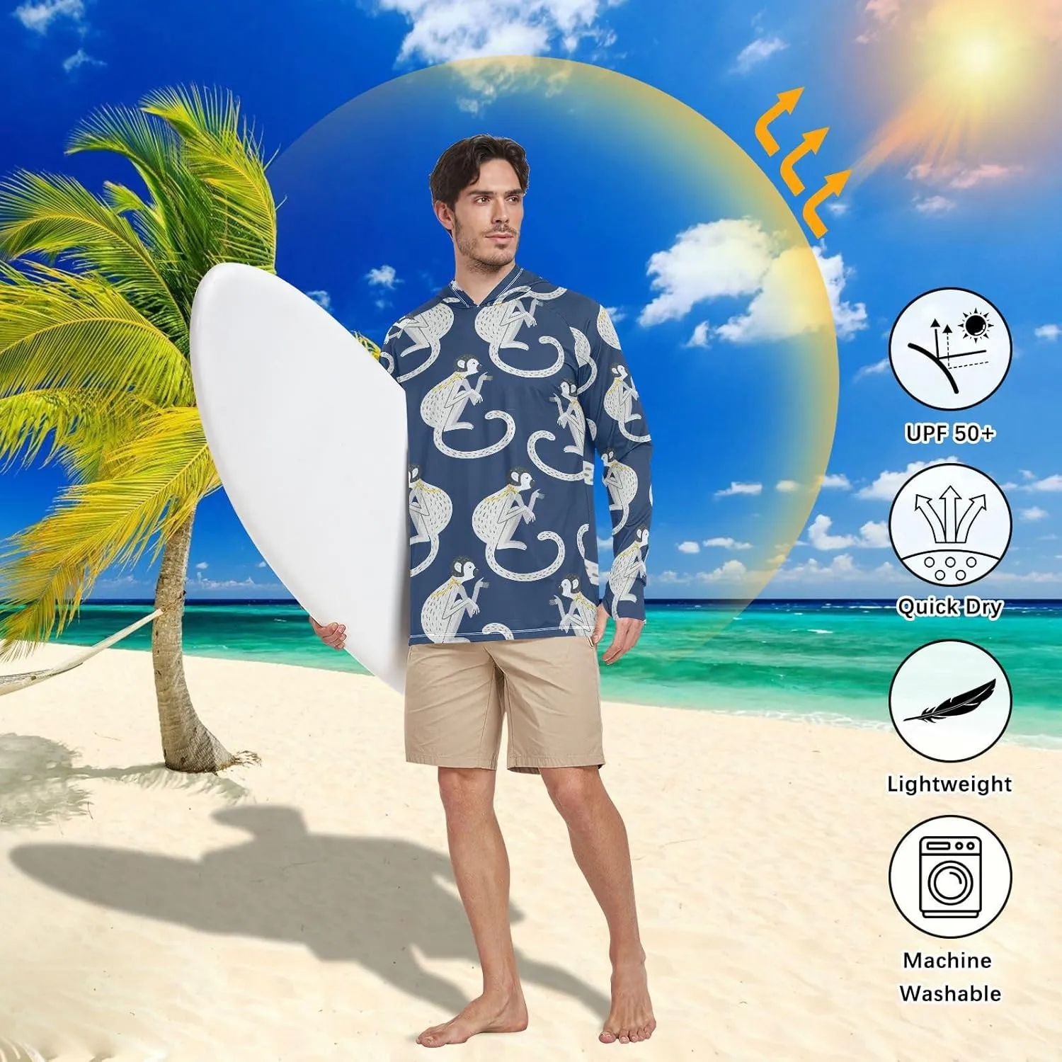 Men Sun Protection Hoodies Long Sleeve Monkey in Navy Blue UPF 50   Sun Shirt with Hood Sun Hoodies Rash Guard Shirts