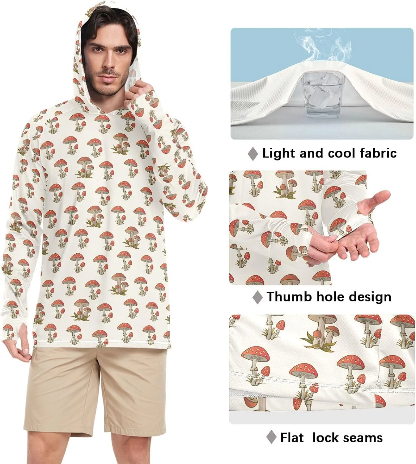 Mens Sun Shirts Protection Long Sleeve Amanita Mushroom Fishing Shirt UPF 50  Sailing Shirts Hooded Rashguard for Men