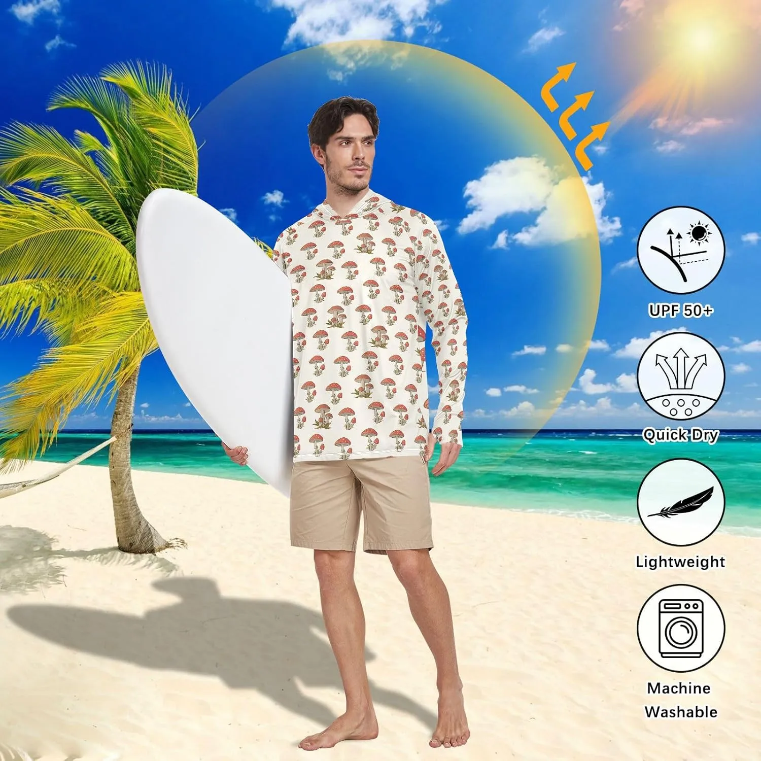 Mens Sun Shirts Protection Long Sleeve Amanita Mushroom Fishing Shirt UPF 50  Sailing Shirts Hooded Rashguard for Men