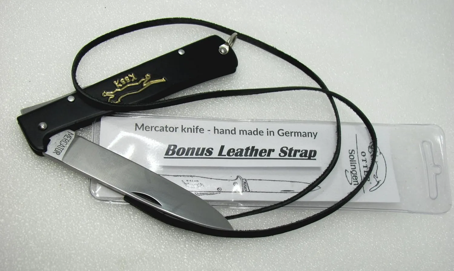 Mercator German Made Otter-Messer Black Cat Carbon Steel Pocket Knife with Shackle with a Leather Lanyard Strap