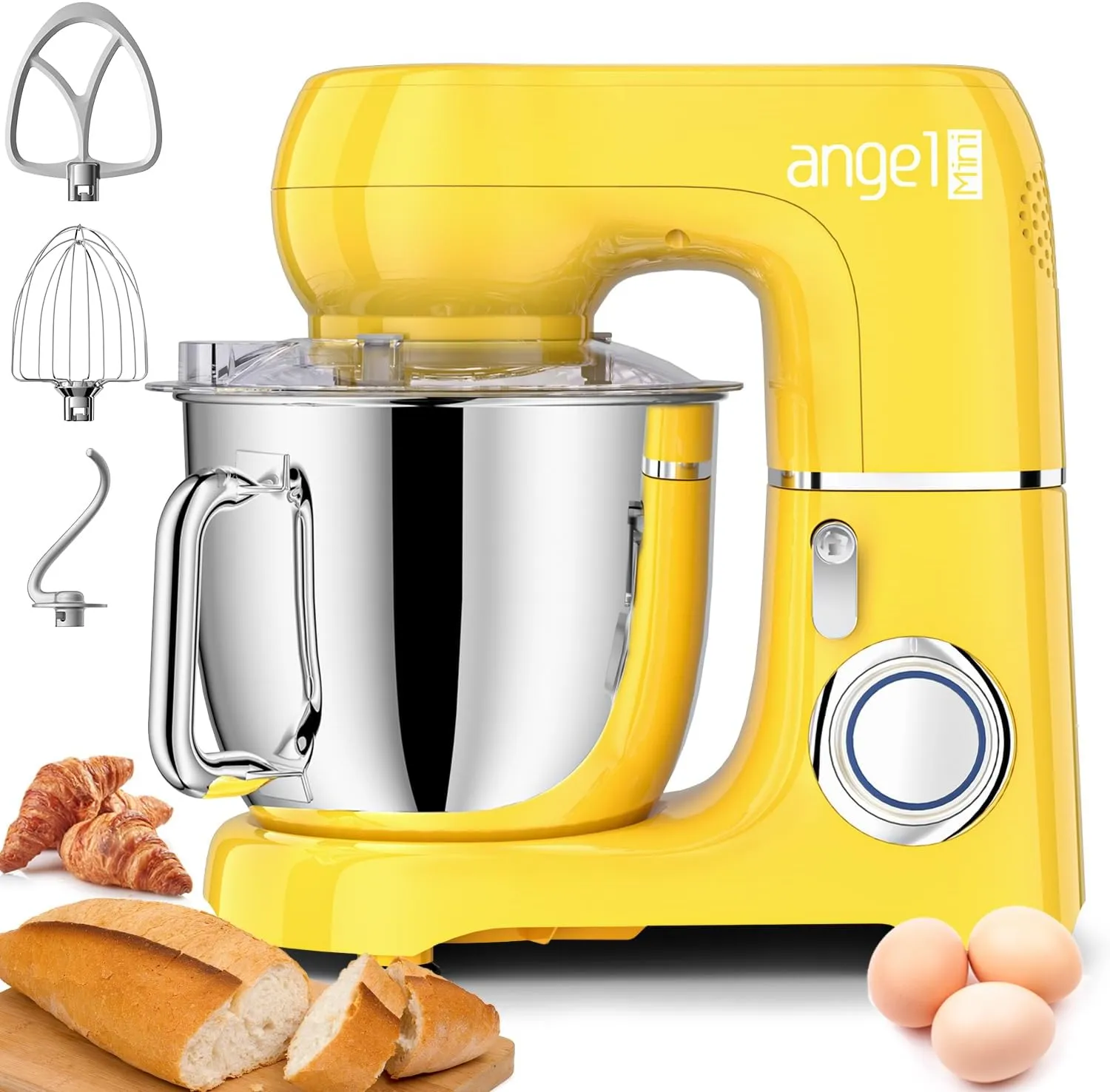 Mini Angel Stand Mixer,10-Speed Kitchen Electric Mixer,Tilt-Head Food Mixer with Dough Hook, Wire Whisk, Flat Beater, Stainless Steel Bowl (5.5QT, Yellow)