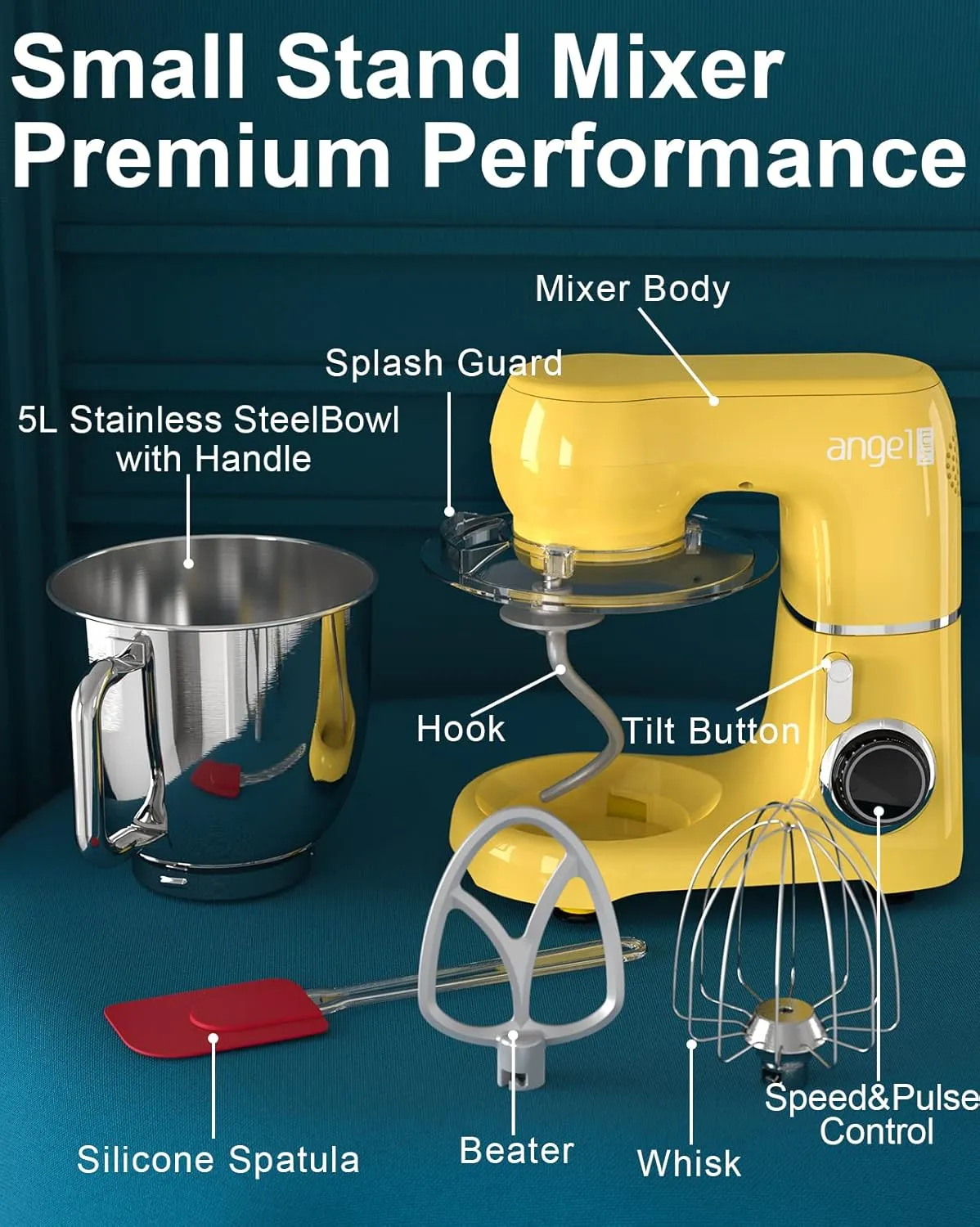Mini Angel Stand Mixer,10-Speed Kitchen Electric Mixer,Tilt-Head Food Mixer with Dough Hook, Wire Whisk, Flat Beater, Stainless Steel Bowl (5.5QT, Yellow)