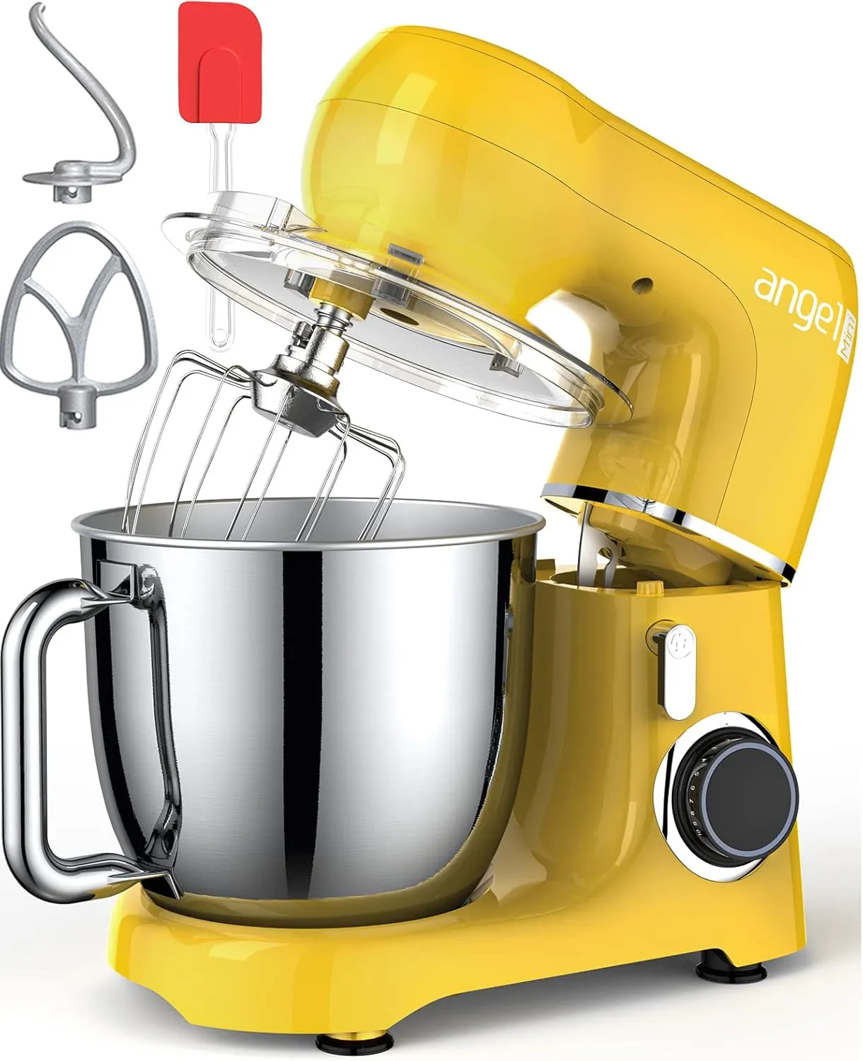 Mini Angel Stand Mixer,10-Speed Kitchen Electric Mixer,Tilt-Head Food Mixer with Dough Hook, Wire Whisk, Flat Beater, Stainless Steel Bowl (5.5QT, Yellow)