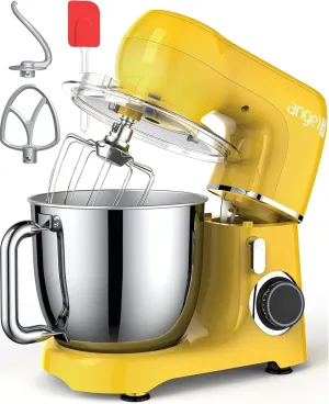 Mini Angel Stand Mixer,10-Speed Kitchen Electric Mixer,Tilt-Head Food Mixer with Dough Hook, Wire Whisk, Flat Beater, Stainless Steel Bowl (5.5QT, Yellow)